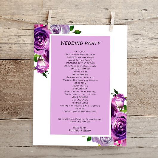 Lila Hochzeitsprogramm für Blumen