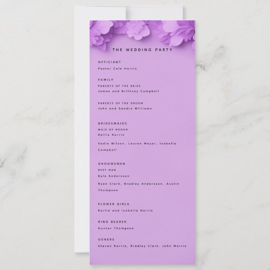 lila Hochzeitsprogramm für Blumen Einladung (Rückseite)