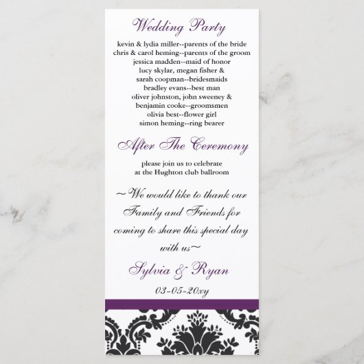 lila Hochzeitsprogramm für Damast Programm (Rückseite)