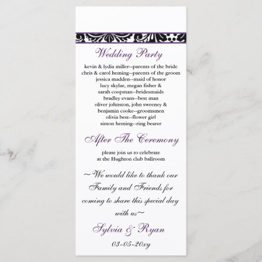 lila Hochzeitsprogramm für Damast Programm (Rückseite)