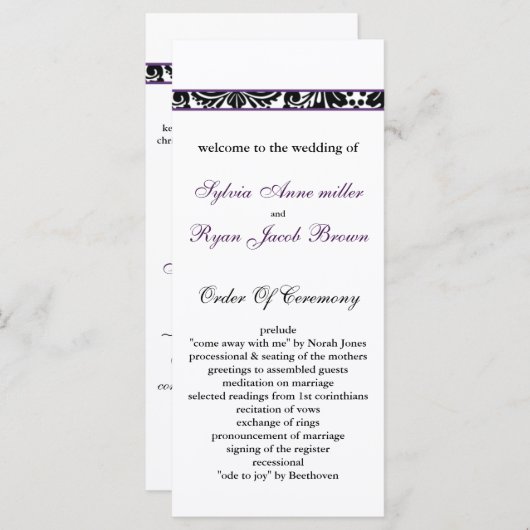 lila Hochzeitsprogramm für Damast Programm (Vorne/Hinten)