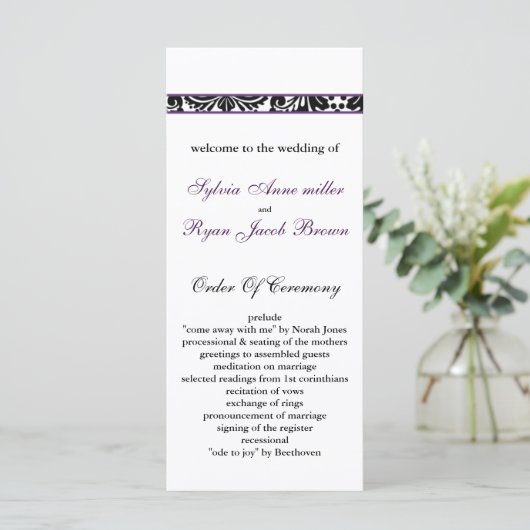 lila Hochzeitsprogramm für Damast Programm (Stehend Vorderseite)