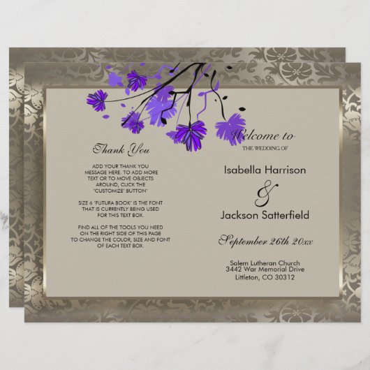 Lila Hochzeitsprogramm für Flora und Antique (Vorne/Hinten)