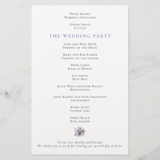 Lila Hochzeitsprogramm für Florals (Rückseite)