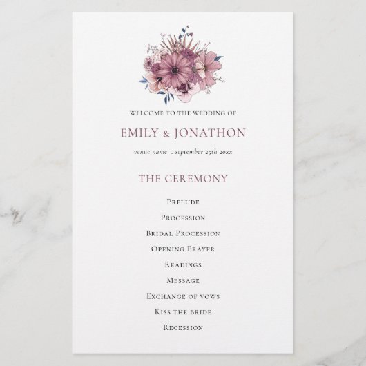 Lila Hochzeitsprogramm für Florals (Vorderseite)