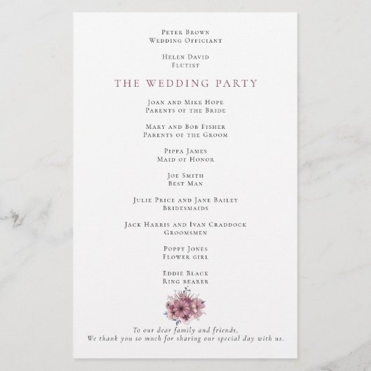 Lila Hochzeitsprogramm für Florals (Rückseite)