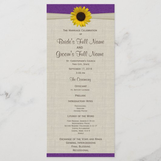 Lila Hochzeitsprogramm für Gelbe Sonnenblumen und Programm (Vorderseite)