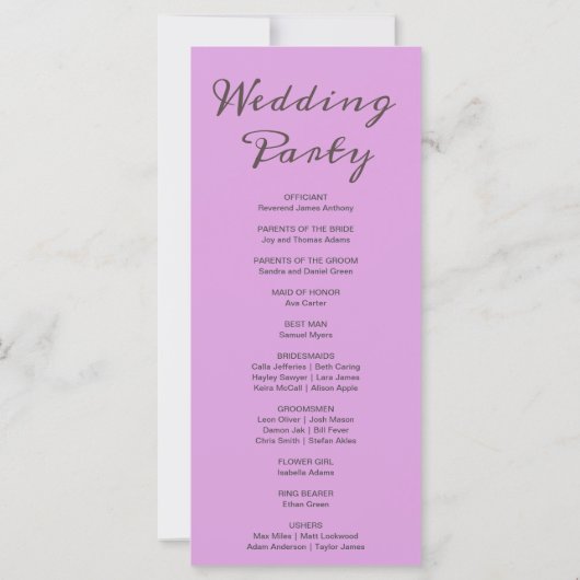 Lila Hochzeitsprogramm für Graumonde (Rückseite)