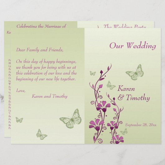 Lila Hochzeitsprogramm für grüne Schmetterlinge (Vorne/Hinten)