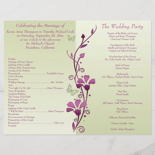 Lila Hochzeitsprogramm für grüne Schmetterlinge (Rückseite)