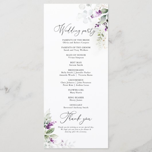 Lila Hochzeitsprogramm für Grünpflanzen Programm (Rückseite)