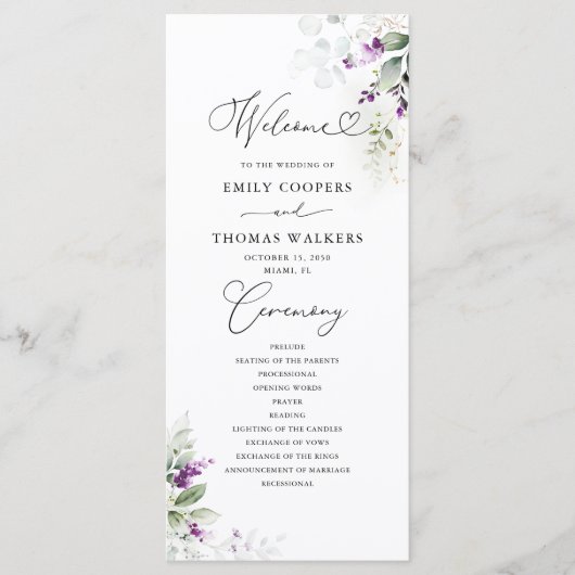 Lila Hochzeitsprogramm für Grünpflanzen Programm (Vorderseite)