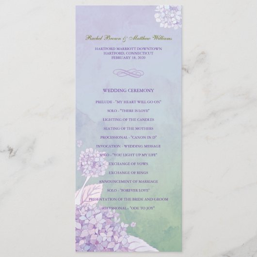 Lila Hochzeitsprogramm für Hydrangeas Programm (Vorderseite)