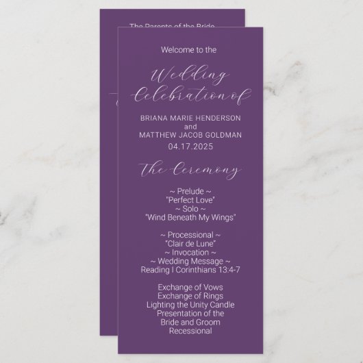 Lila Hochzeitsprogramm für Minimalistische Skripte Programm (Vorne/Hinten)