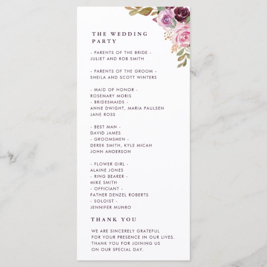 Lila Hochzeitsprogramm für Wasserfarben Programm (Rückseite)