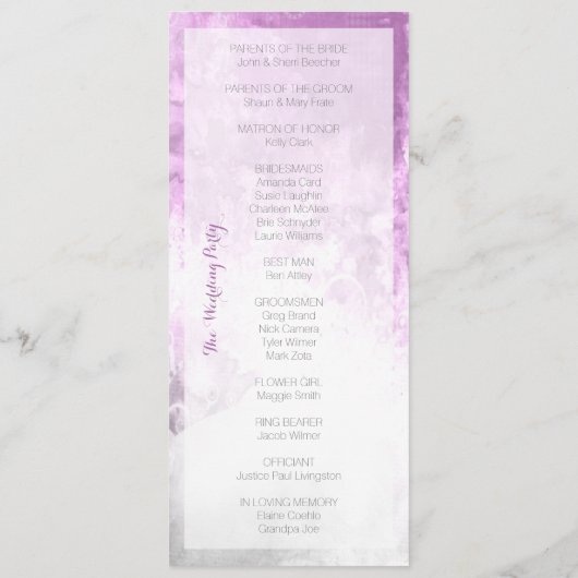 Lila Hochzeitsprogramm für Wasserfarben Programm (Rückseite)