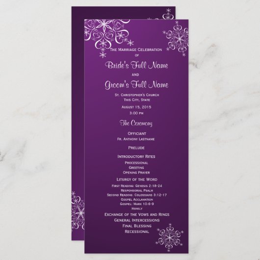 Lila Hochzeitsprogramm für Winterschneeflocken Programm (Vorne/Hinten)