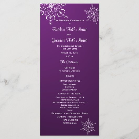 Lila Hochzeitsprogramm für Winterschneeflocken Programm (Vorderseite)