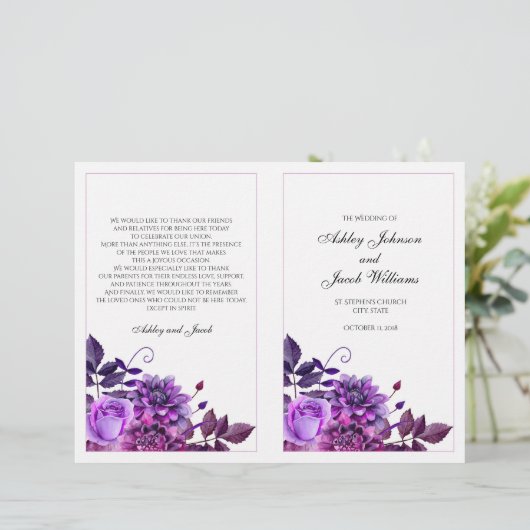 Lila Hochzeitsprogramm gefaltet. Kirchenfeier (Stehend Vorderseite)