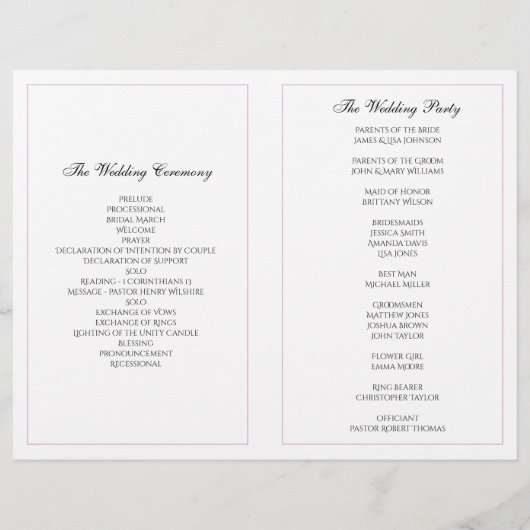 Lila Hochzeitsprogramm gefaltet. Kirchenfeier (Rückseite)