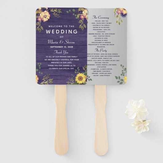 Lila Hochzeitsprogramm-Handfächer mit Blumenmuster Fächer (Vorne und Hinten)