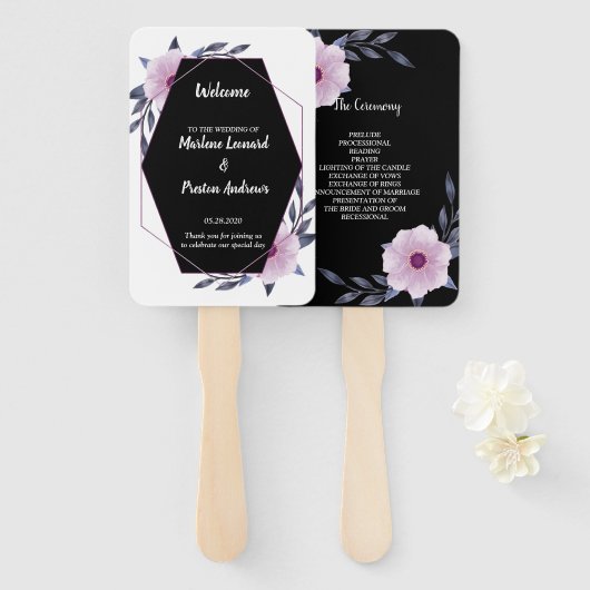 Lila Hochzeitsprogramm in elegantem geometrischem Fächer (Vorne und Hinten)