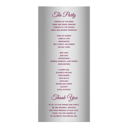 Lila Hochzeitsprogramm Werbekarte (Hinten)