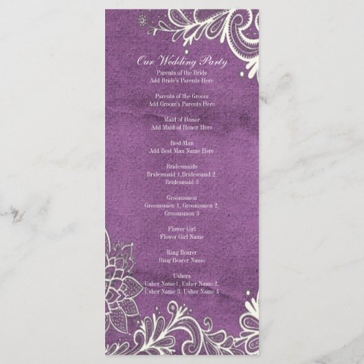 lila Hochzeitsprogramme für moderne weiße Wirbel Programm (Rückseite)