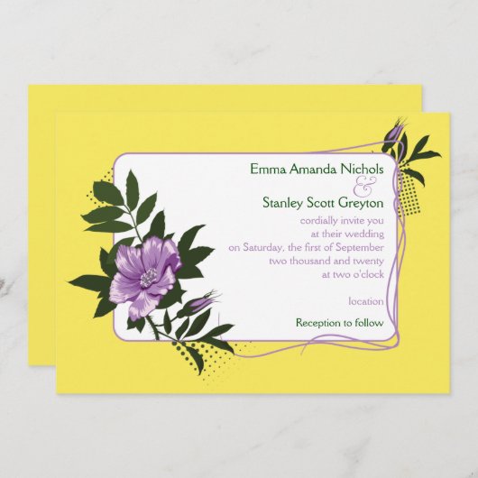 Lila Hochzeitsreise mit der Rose Gelb Einladung (Vorne/Hinten)