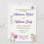 lila Hochzeitsstimmung, rosa Blume, grüne Blätter Einladung (Vorderseite)