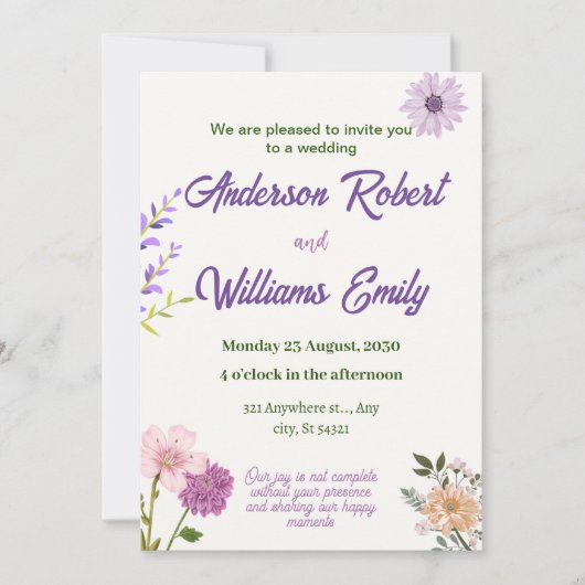 lila Hochzeitsstimmung, rosa Blume, grüne Blätter Einladung (Vorderseite)