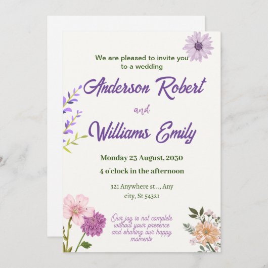 lila Hochzeitsstimmung, rosa Blume, grüne Blätter Einladung (Vorne/Hinten)