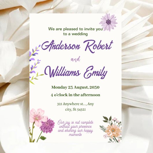 lila Hochzeitsstimmung, rosa Blume, grüne Blätter Einladung