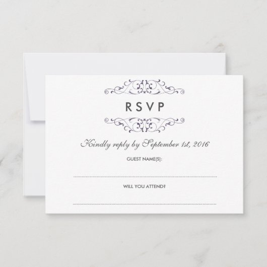 Lila Hochzeitsszenierung RSVP Karte (Vorderseite)