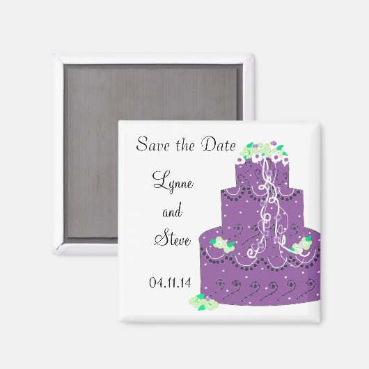 Lila Hochzeitstorte Save the Date Magnet (Vorderseite/Rückseite)