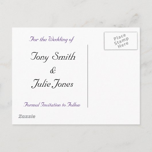 Lila Hochzeitstorte Save the Date Postkarte (Rückseite)