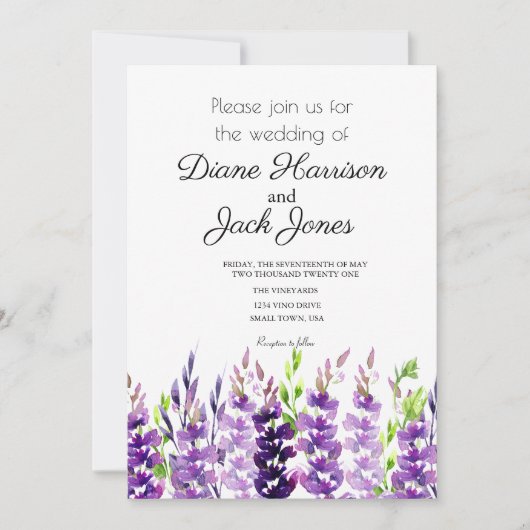Lila Hochzeitswatercolor-Lavendel Einladung (Vorderseite)