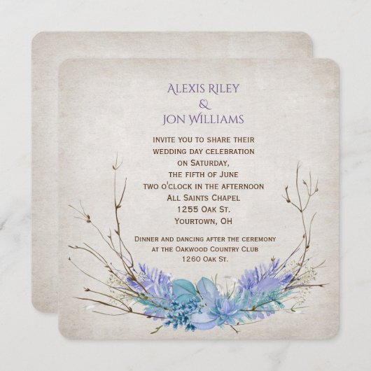 lila Hochzeitszweig auf Aqua Einladung (Vorne/Hinten)