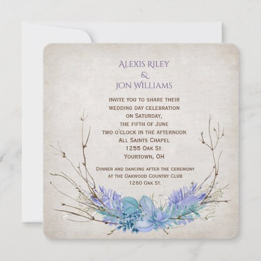 lila Hochzeitszweig auf Aqua Einladung (Vorderseite)