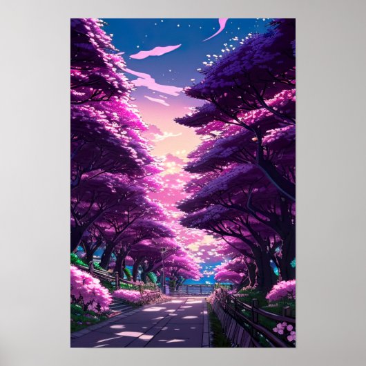 Lila Höhlen von Cherry Blossom Alley bei Sonnenunt Poster (Vorne)