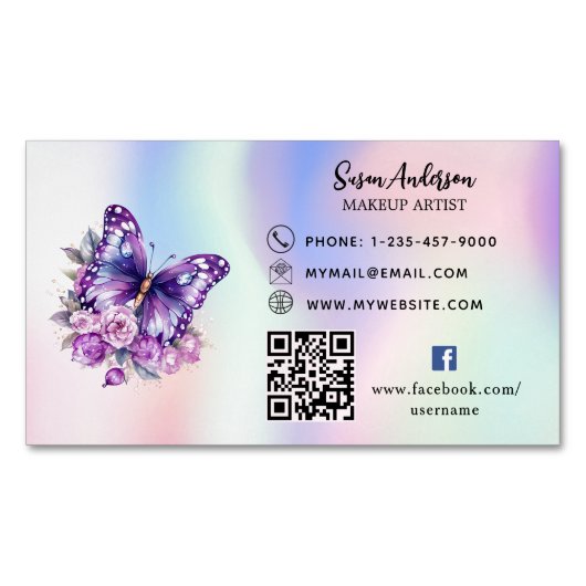 Lila Holografischer QR-Code Facebook Magnetische Visitenkarte (Vorderseite)