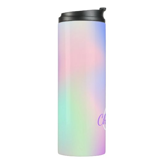 Lila holografisches Monogramm-Skript in Regenbogen Thermosbecher (Nach links gedreht)