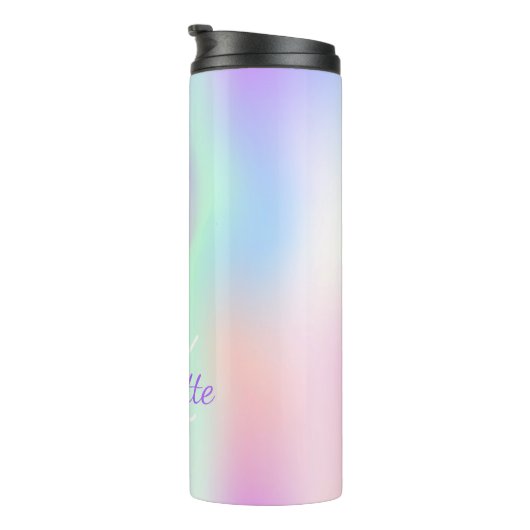 Lila holografisches Monogramm-Skript in Regenbogen Thermosbecher (Nach rechts gedreht)