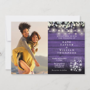 Lila Holz-Lichterkette Blumen Foto Hochzeit Einladung