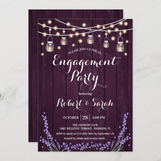 Lila Holz Lights Lavender Engagement Party Einladung (Vorne/Hinten)