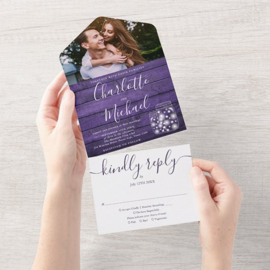 Lila Holz String Lights Mason Jars Foto Hochzeit All In One Einladung (Abreißen)