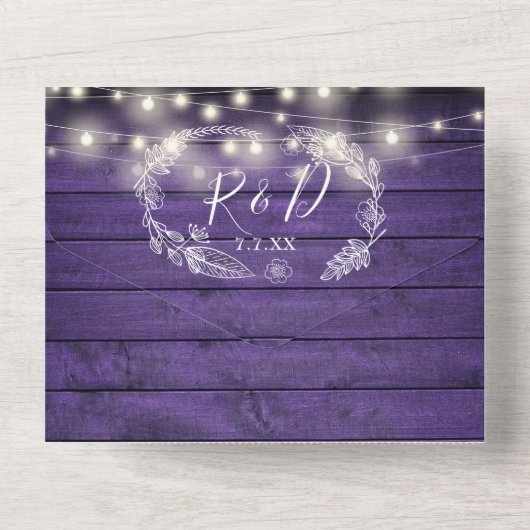 Lila Holzstring Lights QR Code Blumenhochzeit All In One Einladung (Rückseite)