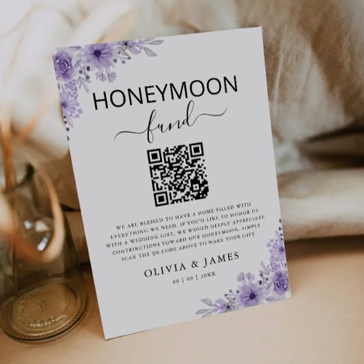 Lila Honeymoon Fund QR Code Sign, Wedding Einladung