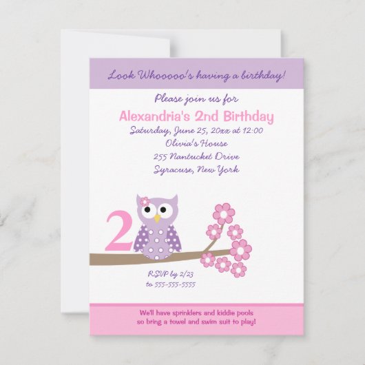 Lila Hoot Owl Girl Birthday Invite 4,25 x 5,5 Einladung (Vorderseite)