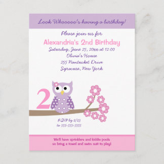 Lila Hoot Owl Girl Birthday Invite 4,25 x 5,5 Einladung